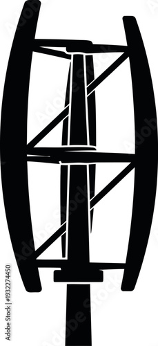 Stylized black and white illustration of a vertical axis wind turbine
