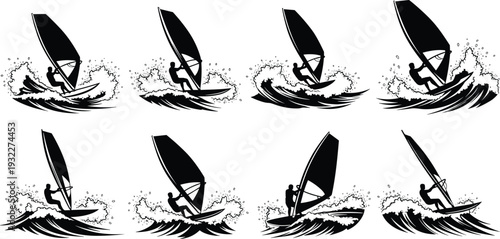 Set of Windsurfing Silhouettes Featuring Athletes Riding Large Ocean Waves with Sails Representing Extreme Water Sports Summer Vacation Adventure and Professional Windsurfer Action Illustration