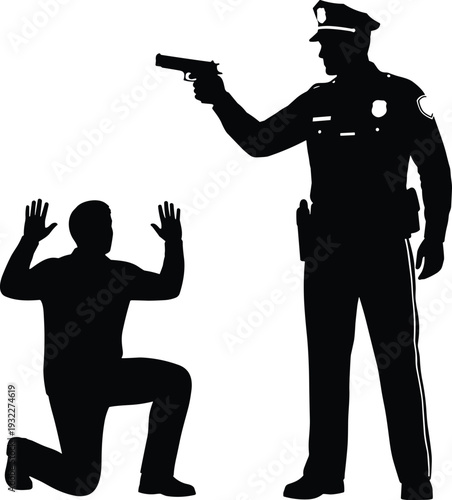 Silhouette of a police officer in uniform pointing a handgun at a kneeling suspect with raised hands during an arrest isolated on white background
