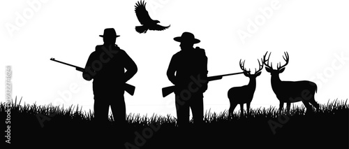 Hunters with Rifles and Deer Silhouette Vector Wildlife Hunting Scene Isolated on White Background Featuring Stag, Eagle and Grass Landscape