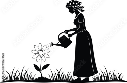 Silhouette of a woman wearing a headscarf and dress watering a large flower in a garden with a watering can isolated on white
