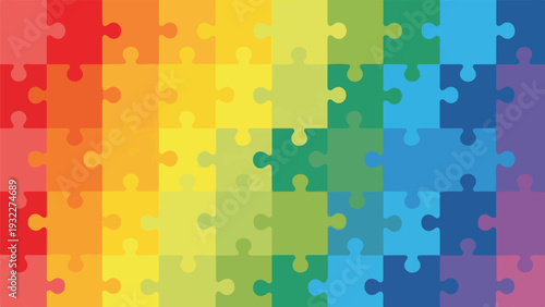 Colorful puzzle pieces, arranged in a rainbow gradient, with connected shapes