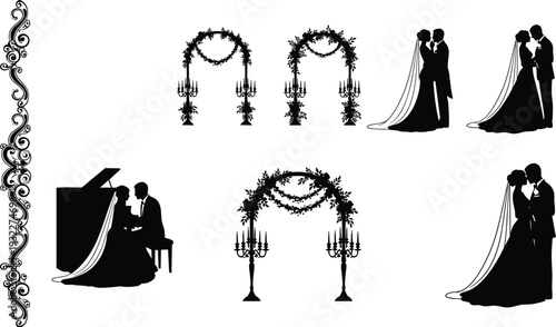 Vector illustration collection featuring black silhouette icons of wedding couples, floral arches with candelabras, and a bride and groom playing the piano for marriage themes.