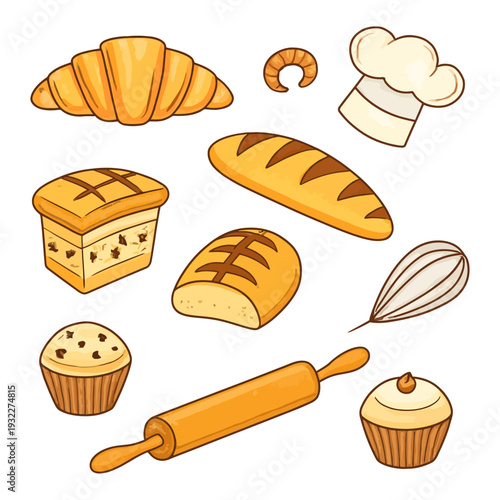 A vector collection of different kinds of bread and bakery pastries including a baguette, croissant, and sweet chocolate donut isolated on white for a breakfast snack set