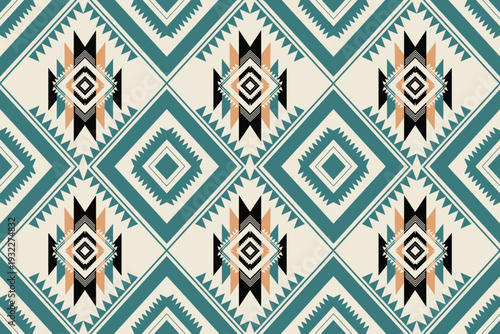 A tribal-style geometric pattern featuring symmetrical diamond shapes combined with zigzag motifs. The color palette of teal, cream, black, and light brown.
