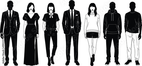 Vector illustration collection featuring black silhouettes and white outlines of diverse men and women in various fashion styles from formal business suits to casual.