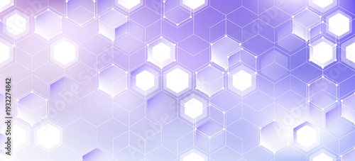 Purple pastel medical and tech background with hexagon pattern and bright sparkles. Realistic vector abstract bg with honeycomb geometric cell texture for medicine and science technology design.