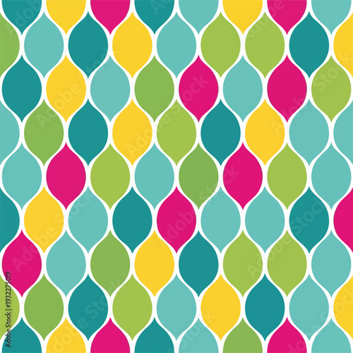 Colorful, repeating pattern of organic, teardrop shapes against white background