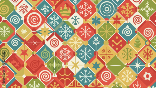 Colorful repeating mosaic with seasonal motifs like snowflakes and spirals