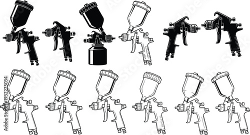 Vector illustration collection featuring black silhouettes and white outlines of professional spray guns and paint sprayers for industrial painting and automotive repair services.