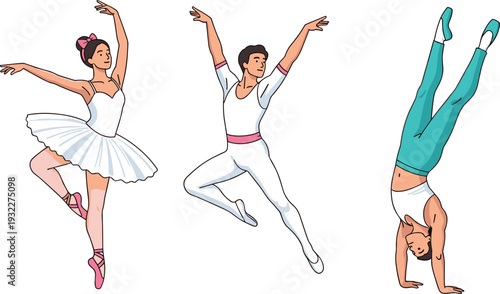 Vector illustration collection featuring male and female ballet dancers and gymnasts performing graceful leaps, elegant poses, and handstands in clean cartoon style graphics.