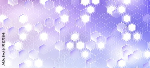 Purple pastel medical and tech background with hexagon pattern and bright sparkles. Realistic vector abstract bg with honeycomb geometric cell texture for medicine and science technology design.