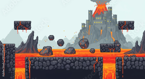 Fantasy Pixel Art Lava World Game Background with Volcano Castle