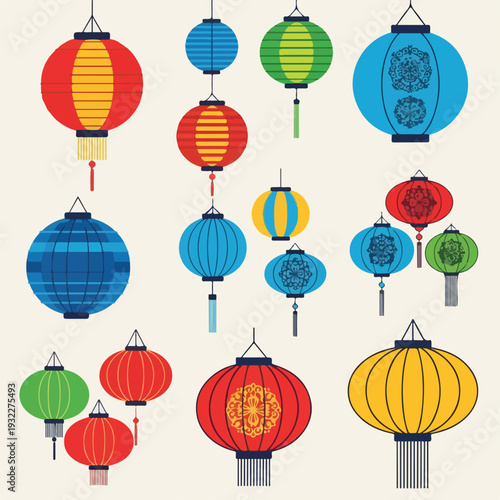 Colorful, round lanterns, hanging with tassels, in a festive celebration design