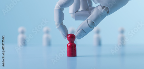 Cuadro en lienzo AI Robot Hand Selecting a Unique Red Wooden Figure for Recruitment Concept