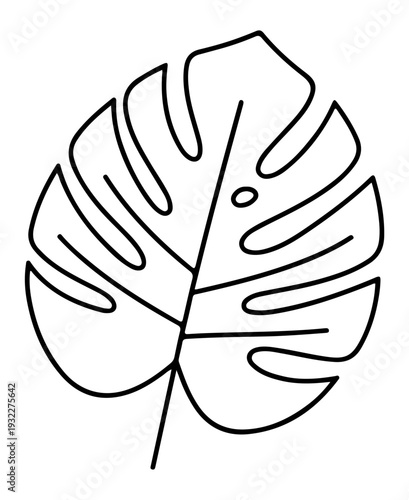 Monstera Deliciosa Leaf Minimalist Outline Icon, Tropical Swiss Cheese Plant Botanical Line Art Illustration Isolated on White Background