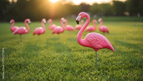 Vibrant pink flamingo decorations standing proudly on a lush green lawn bathed in golden hour light for a whimsical summer leisure concept