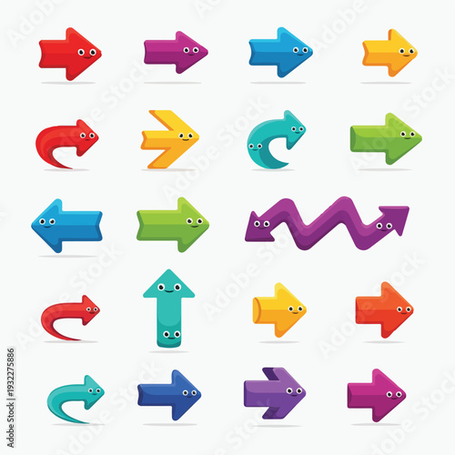 Colorful, smiling arrow illustrations in various shapes and directions