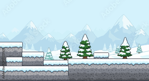 Pixel Art Snow Platformer Game Background with Pine Trees