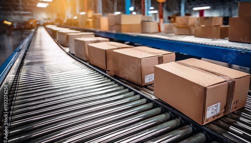 cardboard box packages on moving conveyor belt in delivery warehouse logistics and transportation product distribution copy space