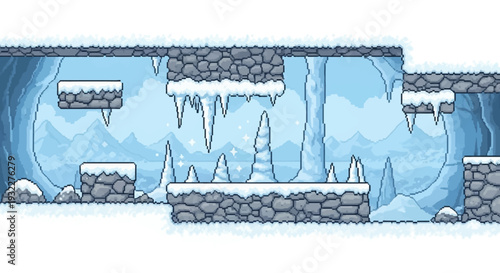 Cute Pixel Art Frozen Cave Background with Snow Platforms and Icicles