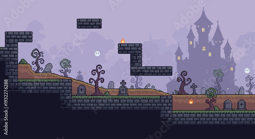 Spooky Pixel Art Side Scroller Game Background with Haunted Cemetery
