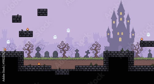 Dark Fantasy Pixel Art Platformer Background with Cemetery and Castle