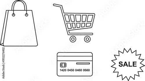 Simple black and white line icons representing online commerce shopping cart bag credit card and sale sticker