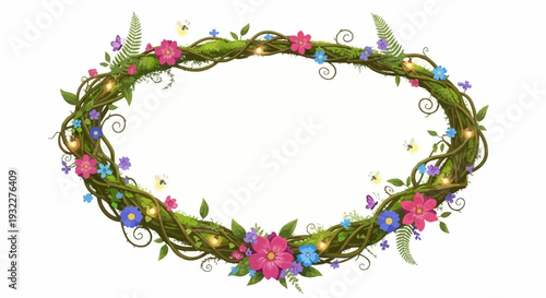 Oval wreath of green vines decorated with vibrant flowers and fireflies.