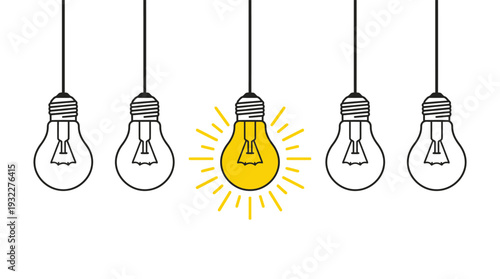 One bright yellow lightbulb glows among unlit bulbs representing new idea