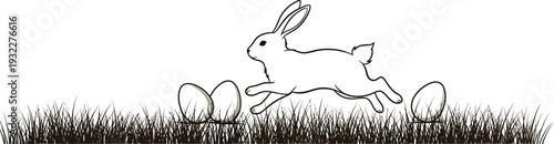Minimalist line art illustration depicts an energetic Easter bunny hopping past hidden eggs concealed within dark green grass blades.