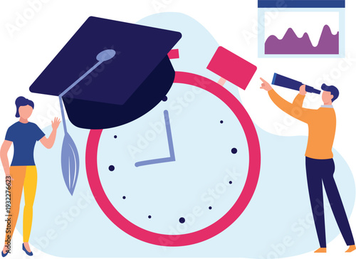 The boy is looking at  graduation cap using spyglass