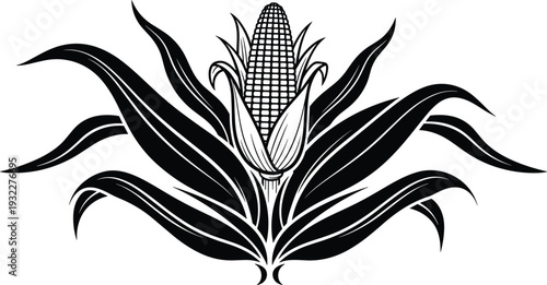 Corn Cob Silhouette With Long Curved Leaves Agriculture Farm Vegetable Harvest Maize Plant Nature Organic Food Symbol Vector Illustration Flavector