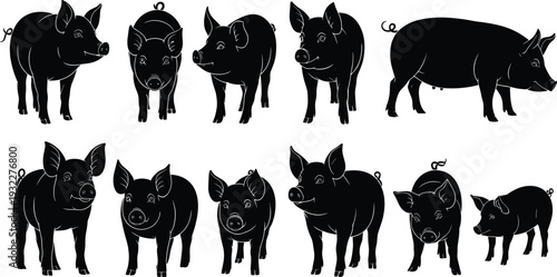 Pig Silhouette Icon Set Farm Animal Vector Collection Isolated on White Background Featuring Domestic Swine, Piglets and Livestock Illustration