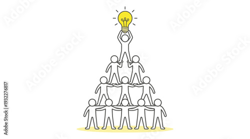 People human pyramid holding glowing light bulb showing teamwork and idea generation