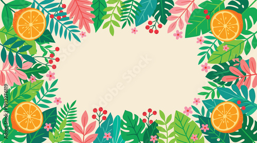 Bright Tropical Leaves and Orange Slices Framing a Cream Background