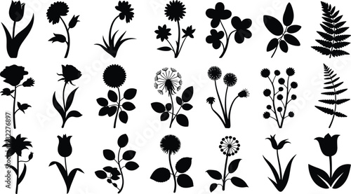 Wildflower and Garden Plant Silhouette Icon Set Black Botanical Vector Collection Isolated on White Background Featuring Floral, Leaf and Herb Design Elements