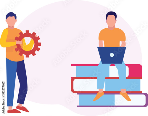 The boy is sitting on book