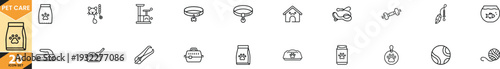 pet care line icon set featuring dog food, cat toy, collar, leash, pet house, grooming brush, bowl, carrier, fish tank and veterinary symbols. Perfect for pet shop branding, web, app, UI