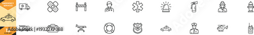 emergency services line icon set featuring ambulance, police car, firefighter, doctor, siren, stretcher, fire extinguisher, hydrant and rescue symbols. Ideal for healthcare, safety