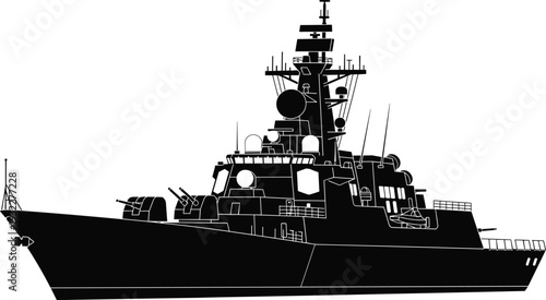 Vector illustration featuring a detailed black silhouette of a modern naval warship or guided-missile destroyer with antennas and radar for maritime defense themes.