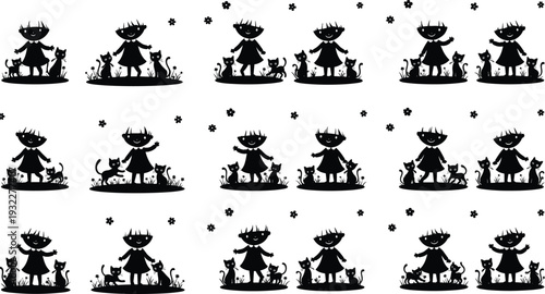Vector illustration featuring a large collection of black silhouette icons of a young girl playing with her pet cats in a flower garden.