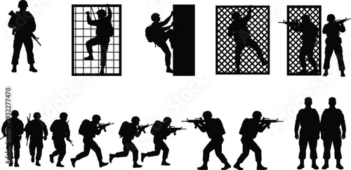 Vector illustration featuring a large collection of black silhouette icons of businessmen in formal suits performing various expressive poses, gestures, and professional actions.