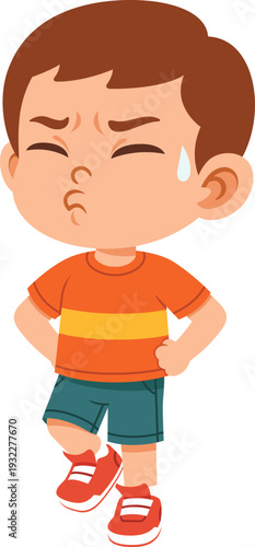 Pouting Boy Stomping Foot Flat Cartoon Character