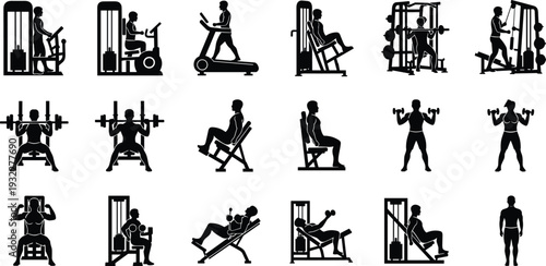 Vector illustration featuring black silhouette icons of various men and women exercising on gym machines, lifting weights, and performing fitness routines for healthy lifestyles.