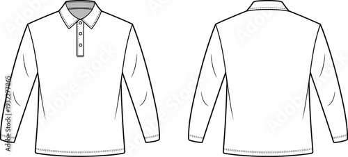 Men Polo Shirt Long Sleeve Technical Drawing Vector Illustration, Fashion Flat Sketch Front Back View