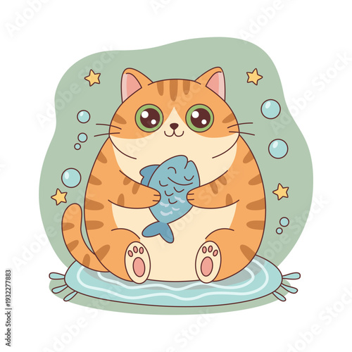 Cute Chubby Orange Cat Holding Fish Cartoon Vector Illustration