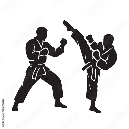 A simple vector silhouette of two professional taekwondo athletes facing off in a dynamic match pose.
