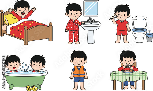 Vector illustration of a cute young boy's daily routine featuring waking up, washing face, brushing teeth, taking a bath, wearing a life jacket, and eating.