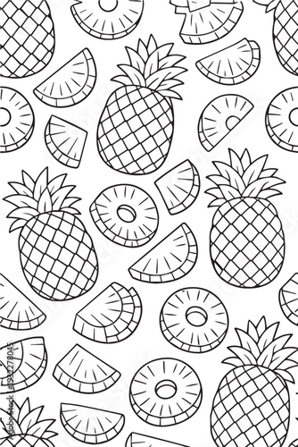 Bright vector background pattern filled with whole pineapples and sliced pieces, celebrating a fresh tropical fruit theme.